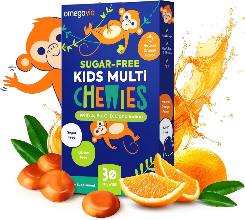 OmegaVia Sugar Free Kids Multivitamin Chewies - Denní žvýkací gumové vitamíny pro děti 3 +, Vitamin A, C, D3, E, B6 & B12, Folát & More, Přírodní Orange Flavor, 30 Počet