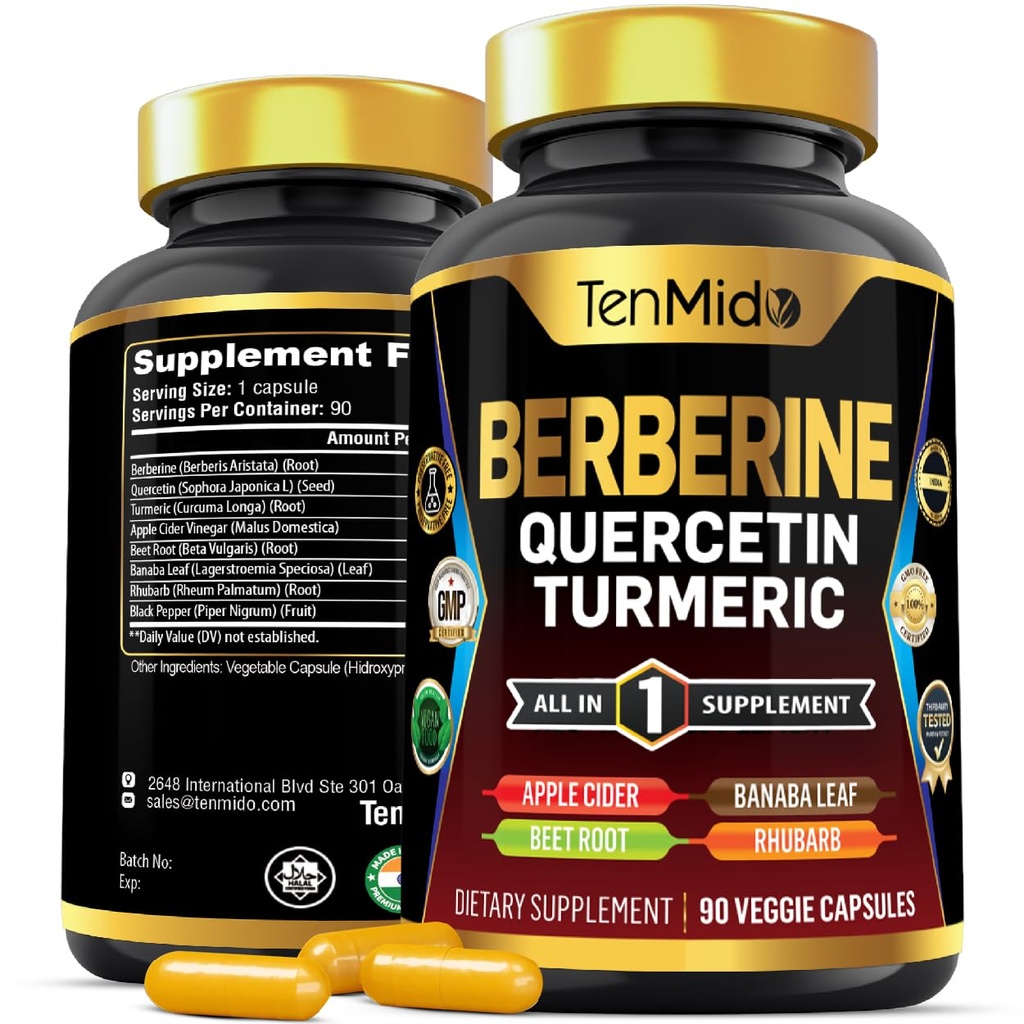 Berberine dodatek pro muže a ženy, 8in1 Formule s Quercetin, Kurkuma, jablečný ocet, Beet Root & More - Trávicí, imunitní podpora - Bohatá na výživu - 90 Kapsle
