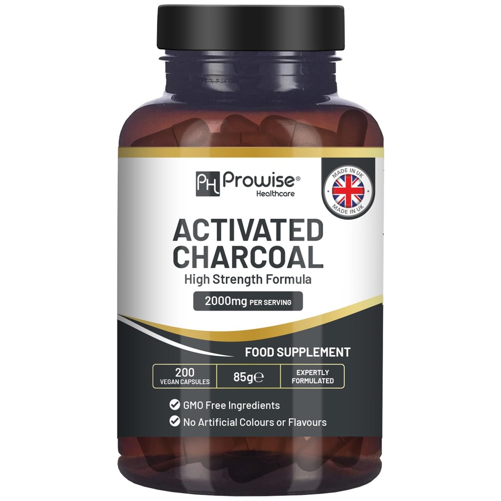 Aktivované Charcoal Kapsle - 200 High Strength Vegan Capsules - 2000mg / Serving I Made in The UK by Prowise Healthcare