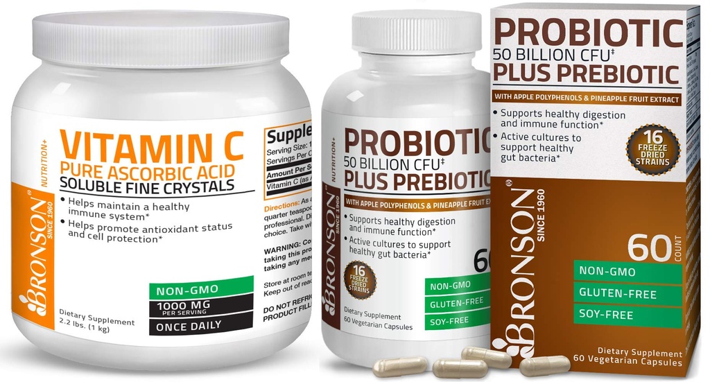 Bronson Probiotic 50 miliard CFU + Prebiotic s jablečnými polyfenoly a ananasovým ovocem Extrakt vitamin C Powder Čistá askorbová kyselina Soluble Fine Non GMO Crystals