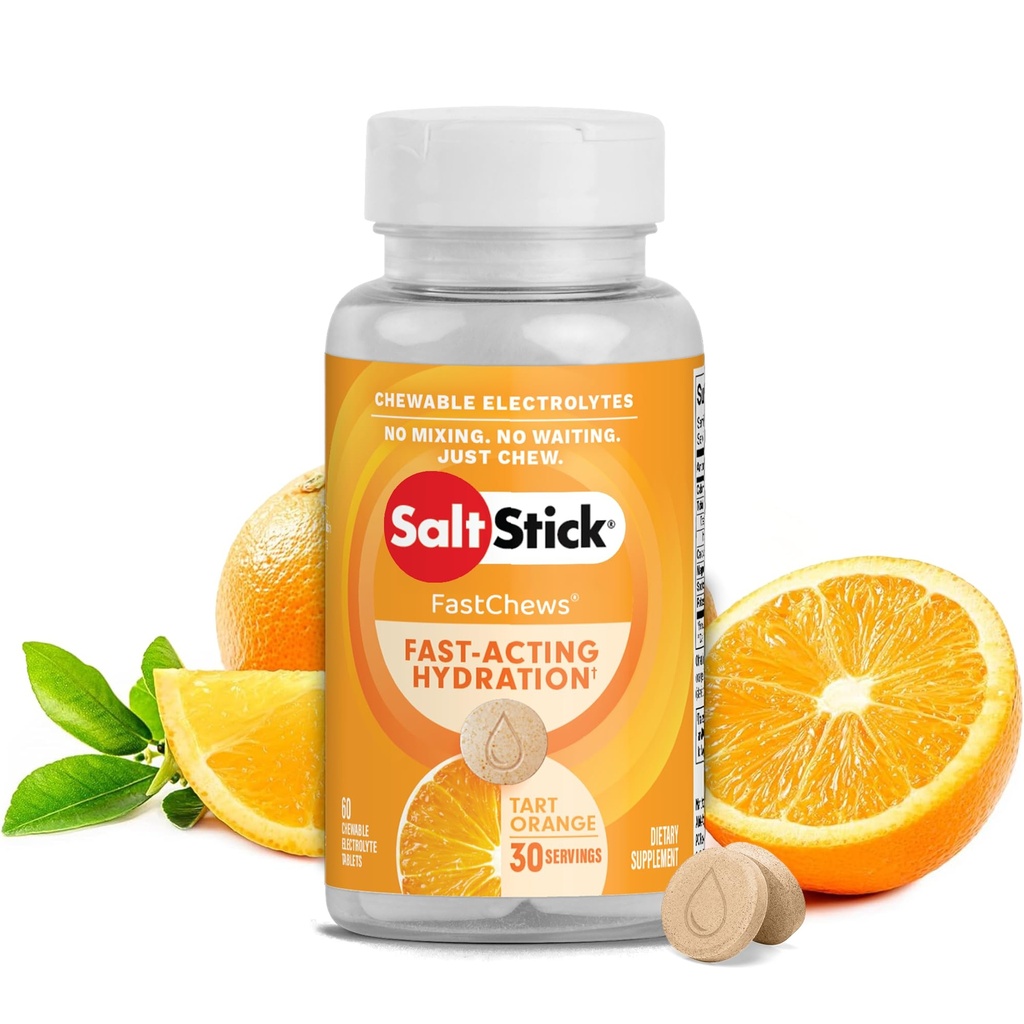 Saltstick Electrolyte FastChews - 60 Orange Chewable Electrolyte Tablety - Salt Tablety pro běžce, Sportovní výživa, Electrolyte Chews - 60 Počítací láhev