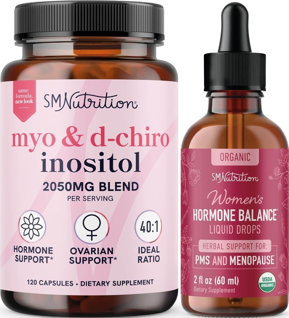 SMNutrition Herbal Hormon Balance Tincture & Myo- Inositol & D- Chiro Inositol CLAS124; Hormon Balancing Bundle s 40: 1 (30 Služeb) a tekutý cyklus podpora žen (60 Služeb)