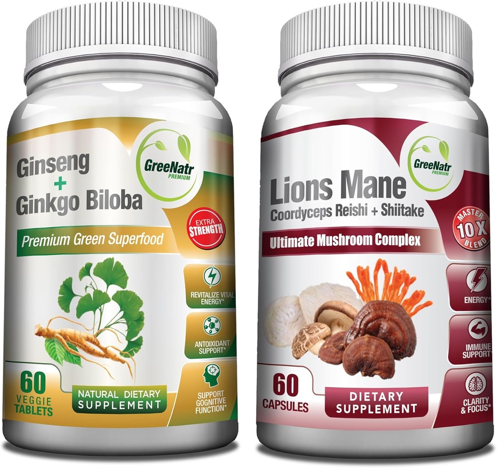 GreeNatr Houbový dodatek, 10- in-1 Blend with Lions Mane, Cordyceps, Shiitake, Chaga, Turecko Tail, v kombinaci s naší energie a mozku Focus Natural Booster of Ginseng Root a Ginkgo Biloba