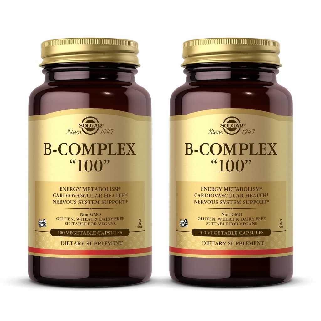Solgar B-Complex 100 "- 100 Zeleninové kapsle, Balení 2 - Energetický metabolismus, Podpora nervového systému - Non- GMO, Vegan, Gluten zdarma - 200 Celkem Service