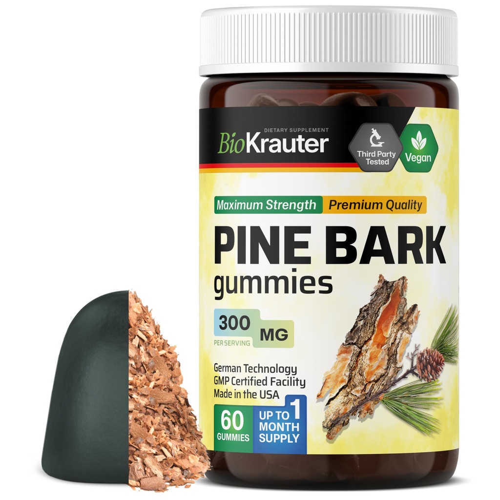 BIO KRAUTER Pine Bark Extract Gummies - 300 mg Síla - 60 Vegan Chews - French Maritime Pine Bark Extract - Antioxidant Supplement - 95% Proanthocyanidins - Pectin- based Formule