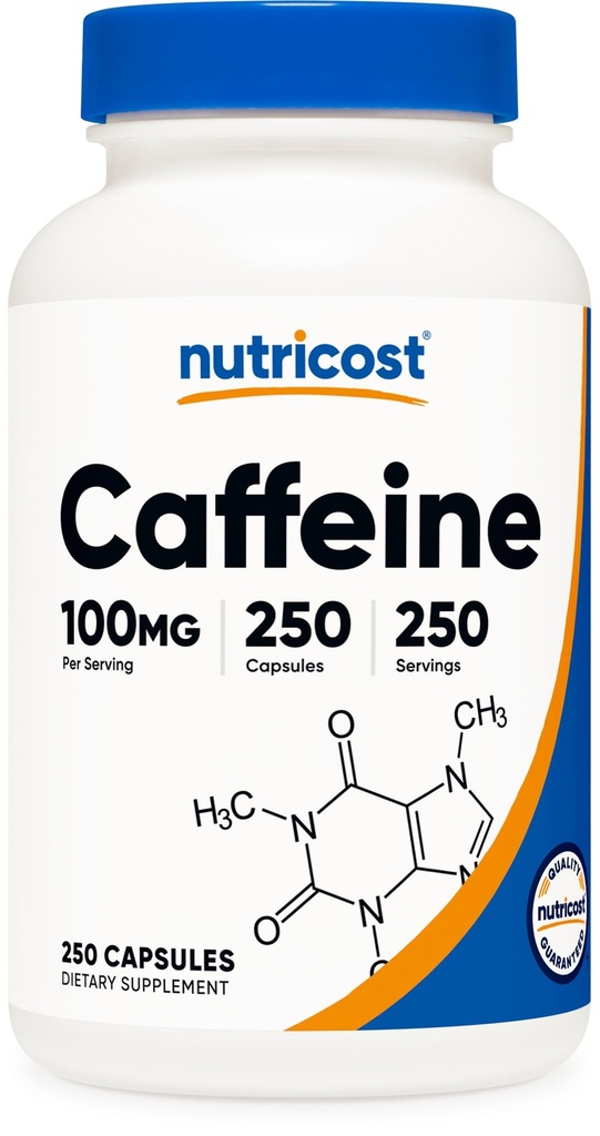 Nutricost Caffeine pilulky 100mg per Serving, 250 Kapsle
