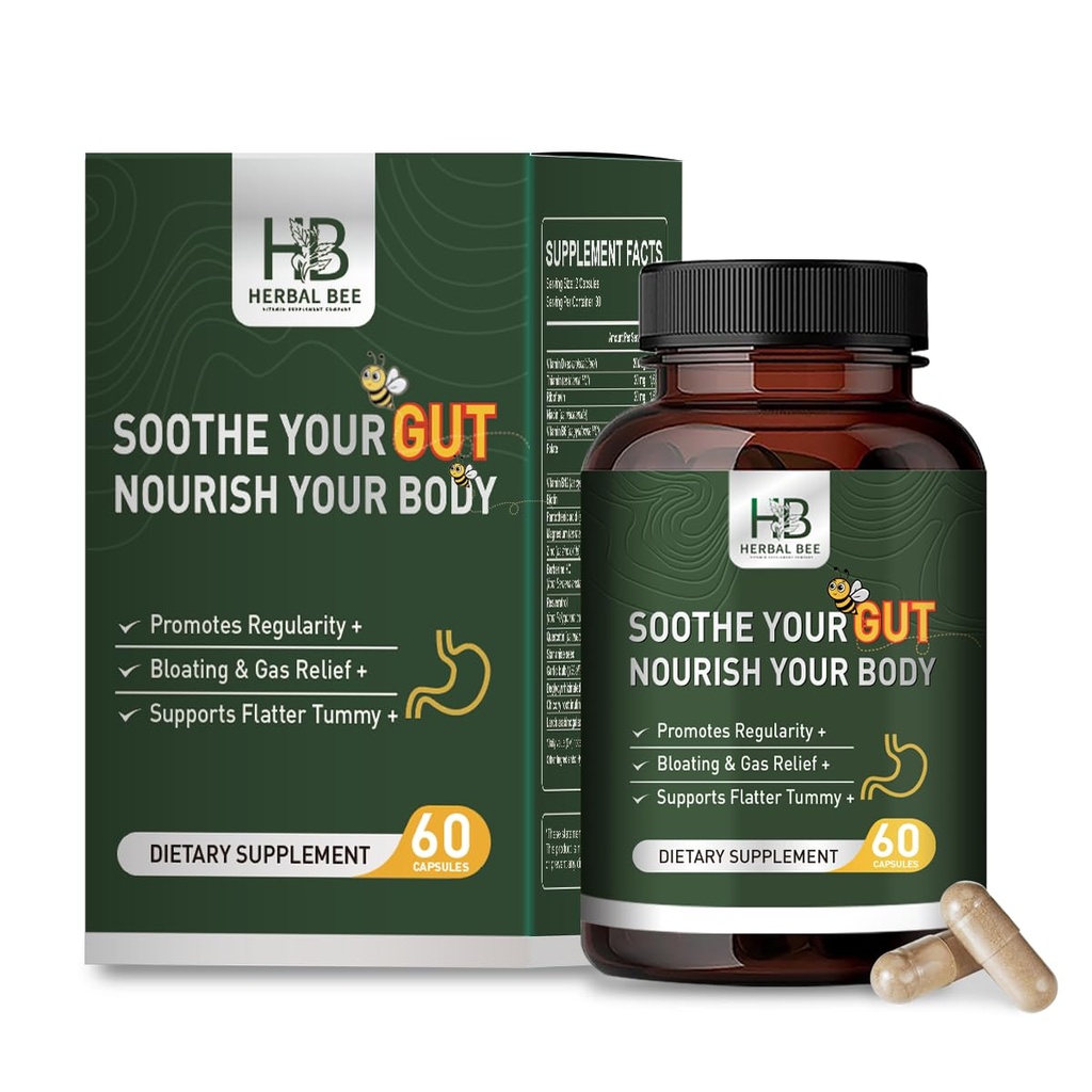Herbal BEE Gut Zdraví - Plynové a nafouklé úlevy, Zácpa, Leaky Gut Opravy - Gut Cleanse & Obnovit Digestion - Podpora regularity, Colon Cleanser, 60 Kapsle