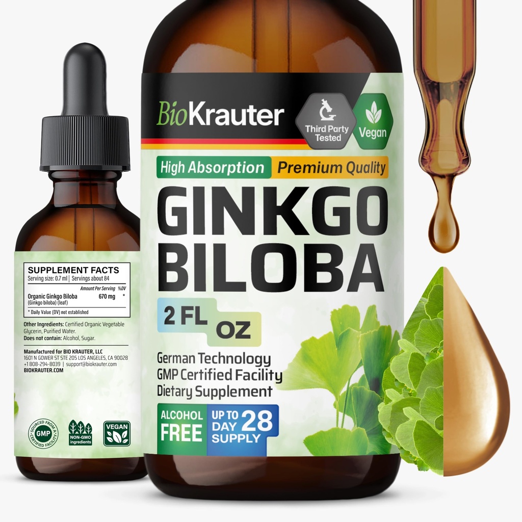 BIO KRAUTER Ginkgo Biloba Extract - Liquid Ginkgo Biloba doplňky pro mozek - Vegan, Alkohol & cukr zdarma - 2 Fl Oz