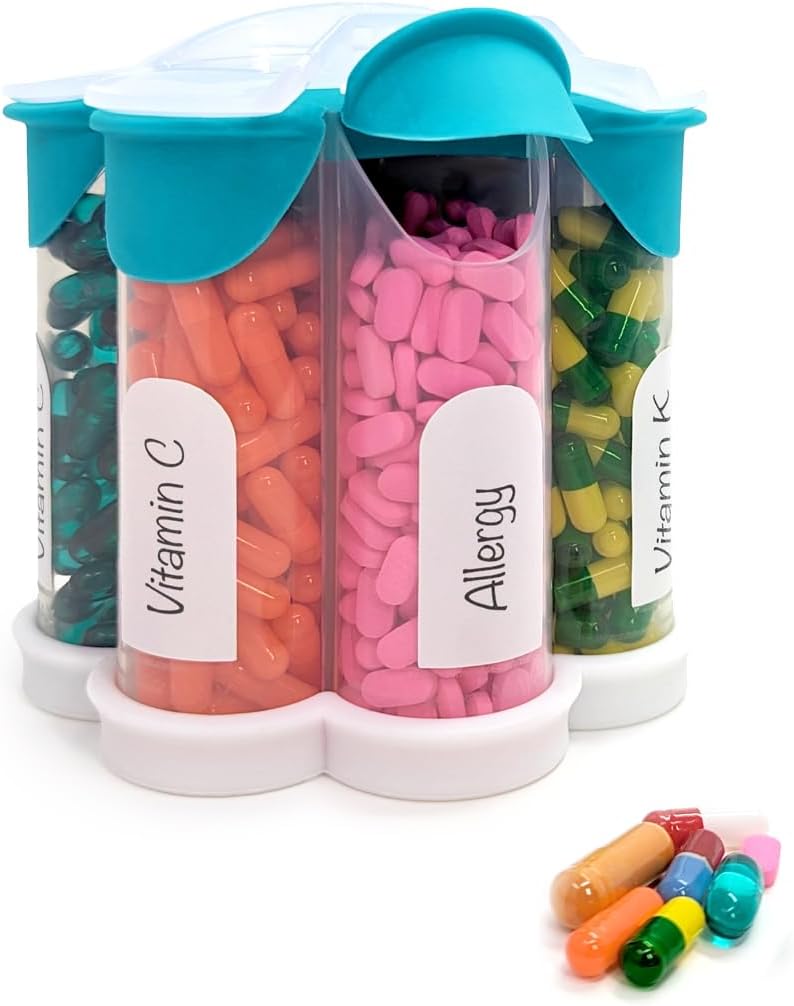 Extra Velké Pill Organizátor Denní, Týdenní, Měsíční dodatek Lahvička, Roztomilý Blossom Pill Dipenser se 7 XL Compartments, Easy- Open Pill Box pro vitamíny, Léky, Štítky (Teal)