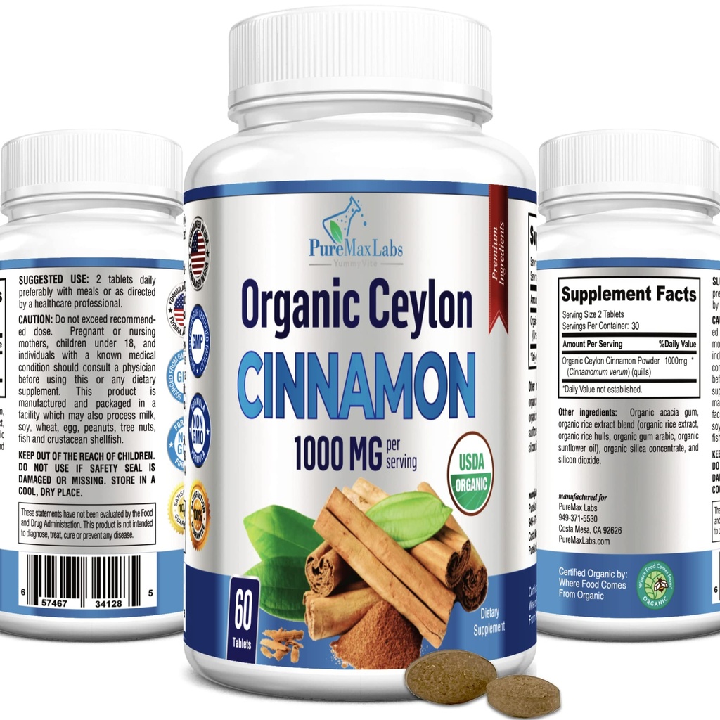 Organic Ceylon Skořice - 1000mg na Serving, Certified Organic True Skořice Dodatek, antioxidant, Rychlá absorpce - 60 Tablety