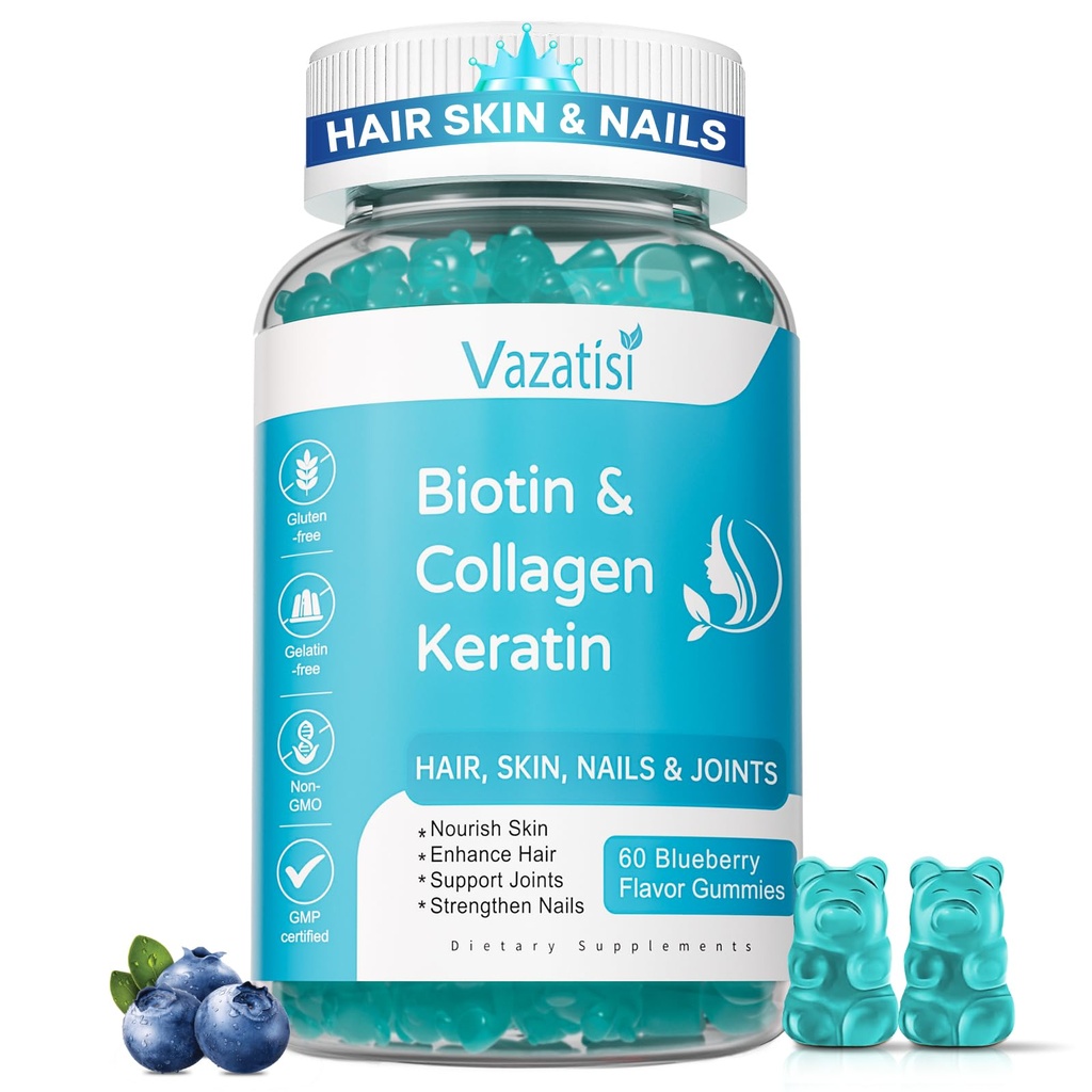 Biotin gumové s kolagen & keratin pro vlasy kůže nehty - podporuje růst vlasů a silnější nehty, ženy muži, děti - 60 Borůvkové ochucené gumové