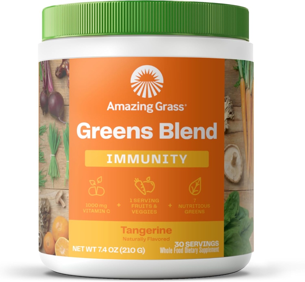 Amazing Grass Green Superfood Imunity: Super Greens Powder with Vitamin C, Cordyceps, Beet Root Powder & Reishi Houby, Tangerine, 30 Služeb
