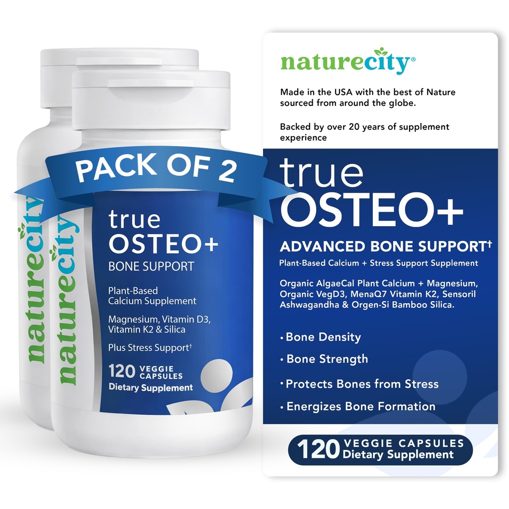 NatureCity True- Osteo + Bone Support with Ashwagandha - for Strength & Density - Plant- Based Calcium with Organic AlgaeCal, Magnesium, Vitamin D3, K2, Silicon & Stress Support PHAR124; 240 Veggie Capsules