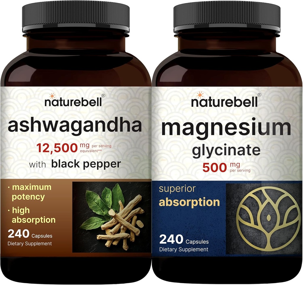 NatureBell Magnesium Glycinát Kapsle 500mg & Ashwagandha 12,500 mg Ekvivalentní s Black Pepper Bundle Pack CU124; Chelated & Purified Mineral CU124; Adaptogens doplňky pro relaxaci