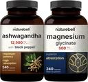 NatureBell Magnesium Glycinát Kapsle 500mg & Ashwagandha 12,500 mg Ekvivalentní s Black Pepper Bundle Pack CU124; Chelated & Purified Mineral CU124; Adaptogens doplňky pro relaxaci