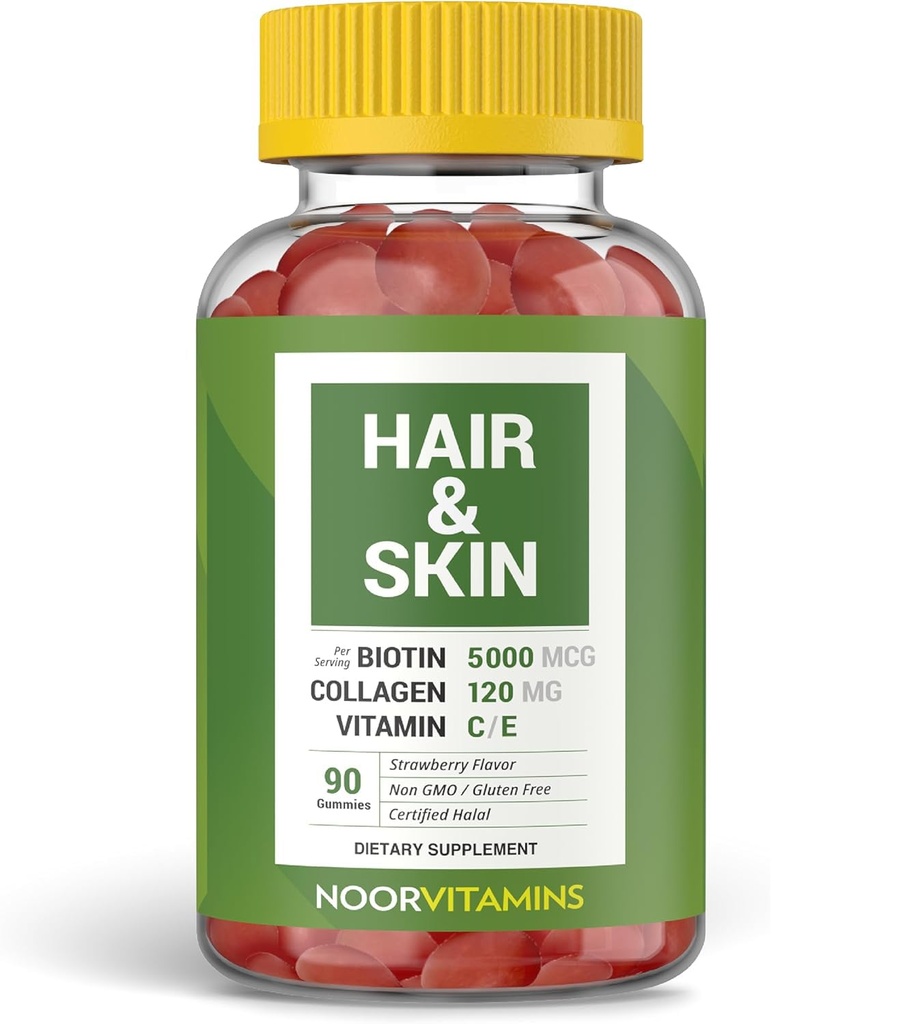 Noor Vitamíny Halal Vlasové Vitamíny Biologický, Kolagen, Křemík, Vitamin C & E Podporuje vlasy, kůže a nehty zdraví; Přírodní jahodové Gummy Vitamíny. GMO, gluten zdarma a certifikovaný halový vitamin (90 Počet)