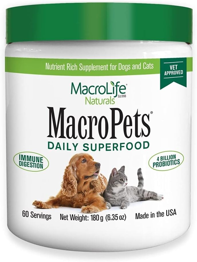 MacroLife Naturals MacroDomestics Green Downfood Powder Topper for Dog Cat Small Mammal, Natural Nutrition Boost Probiotika Stravující Enzymy Vitamin E - Imunitní Gut Health & Energy - 6.35oz