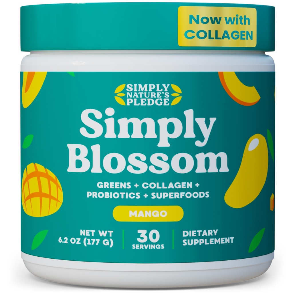 Jednoduše Blossom Nutrition Daily Green & Superfood Powder + Collagen + Probiotika pro ženské stravitelné zdraví a nadýmání úlevy. Nápověda Your Health Bloom - 30 Day Supply - Mango