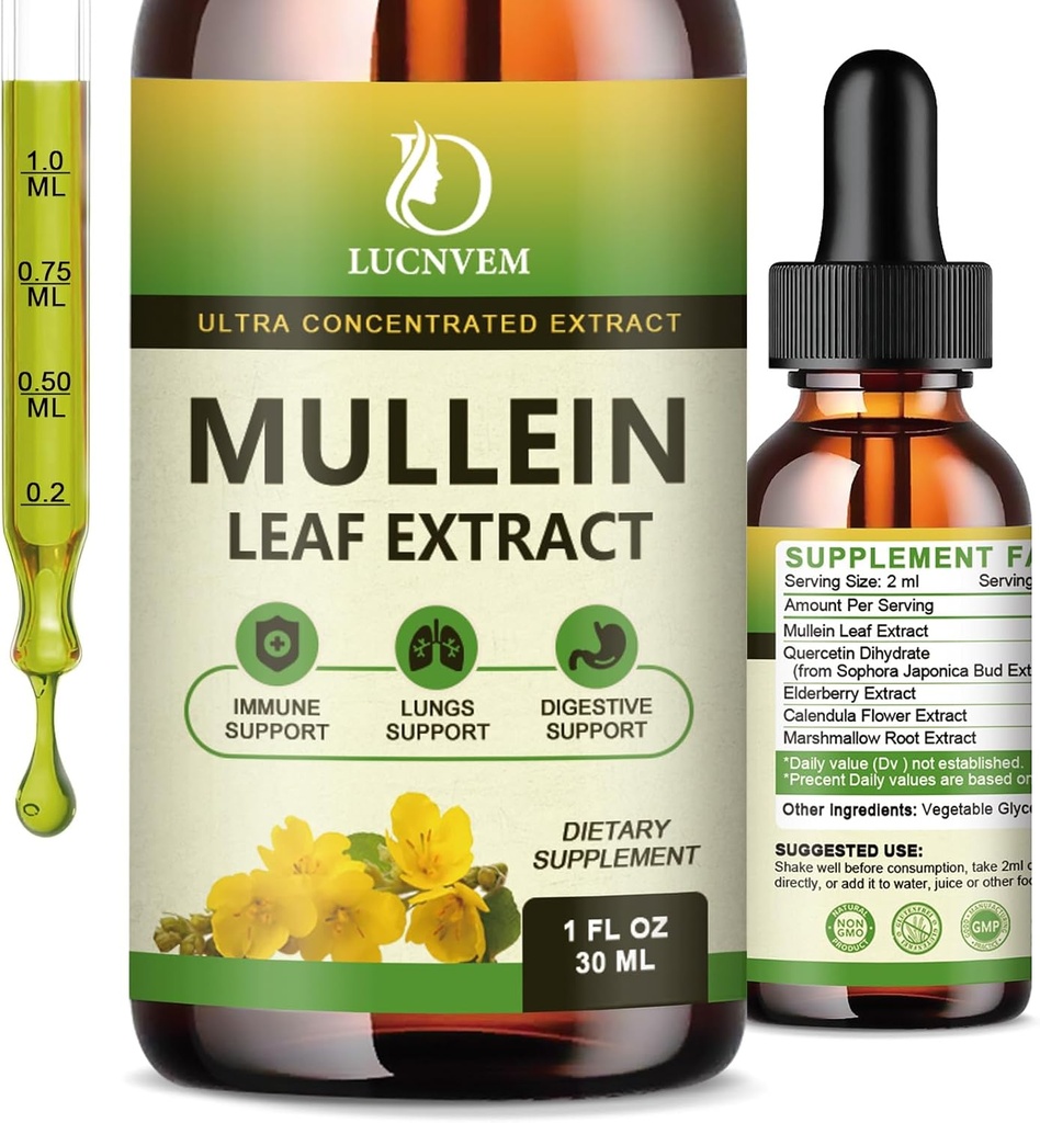 (2 Pack) 98% Absorpce Mullein kapky pro plíce, Výkonný 5 v 1 Mullein Leaf Bylinné Extract, Přírodní Plíce Supplementary Supplementary pro plíce Cleanse & Detox a Respirační Lung zdraví