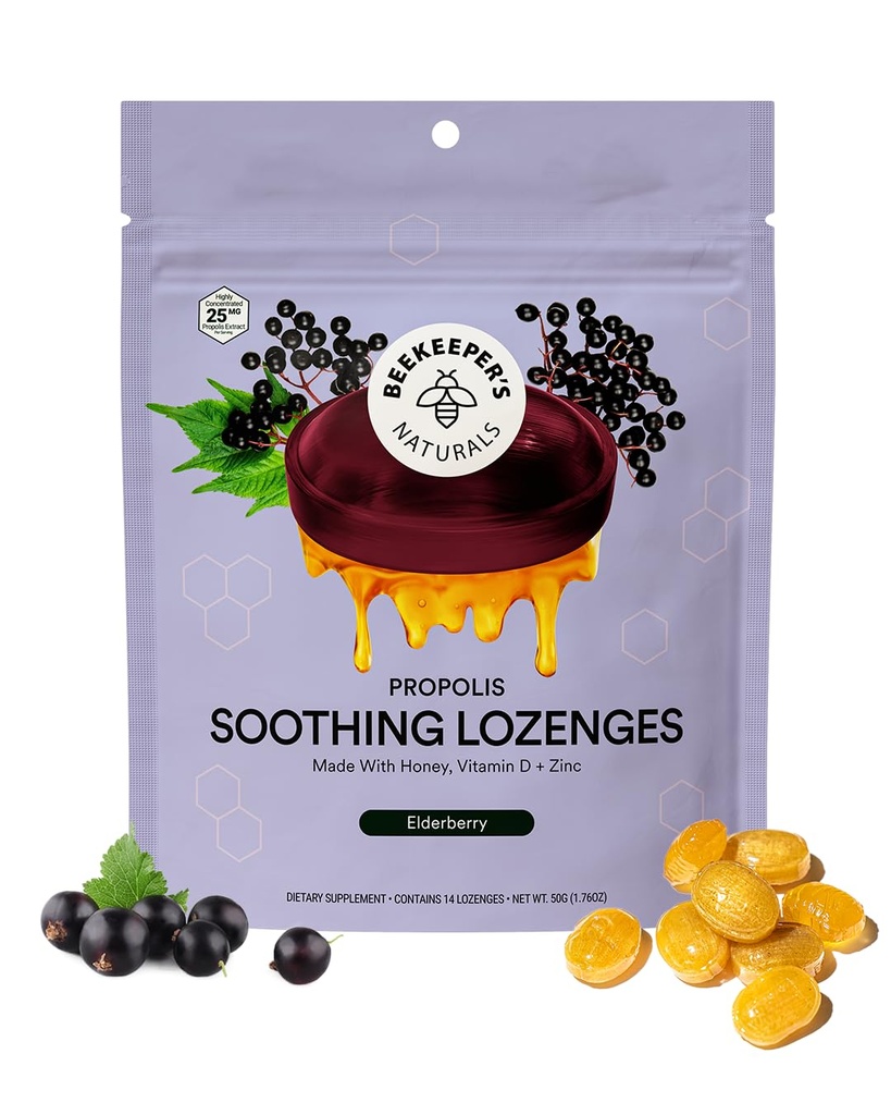 Beekeerovy Naturals Soothing Honey Elderberry Kašel Imunitní podpora s vitamínem D, zinek a propolis Krční Soothing Lozenges, 14 Ct