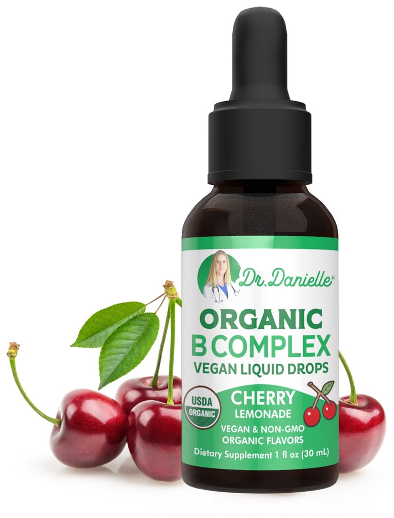 Organické vitamíny B Komplexní kapalné kapky 124; B vitaminy Komplexní dodatek s B3, B6, B7, B9 & Methyl B12 Kapky pro dospělé a děti 124; Vegan třešňový Flavor 1oz Duplica124; 60 Služební / 2 Měsíční dodávky