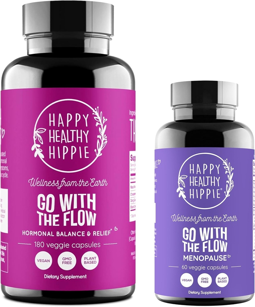 Šťastný zdravý hippie jít s Flow Menopauza Podpora & jít s Flow Hormon Balance pro ženy (180ct)