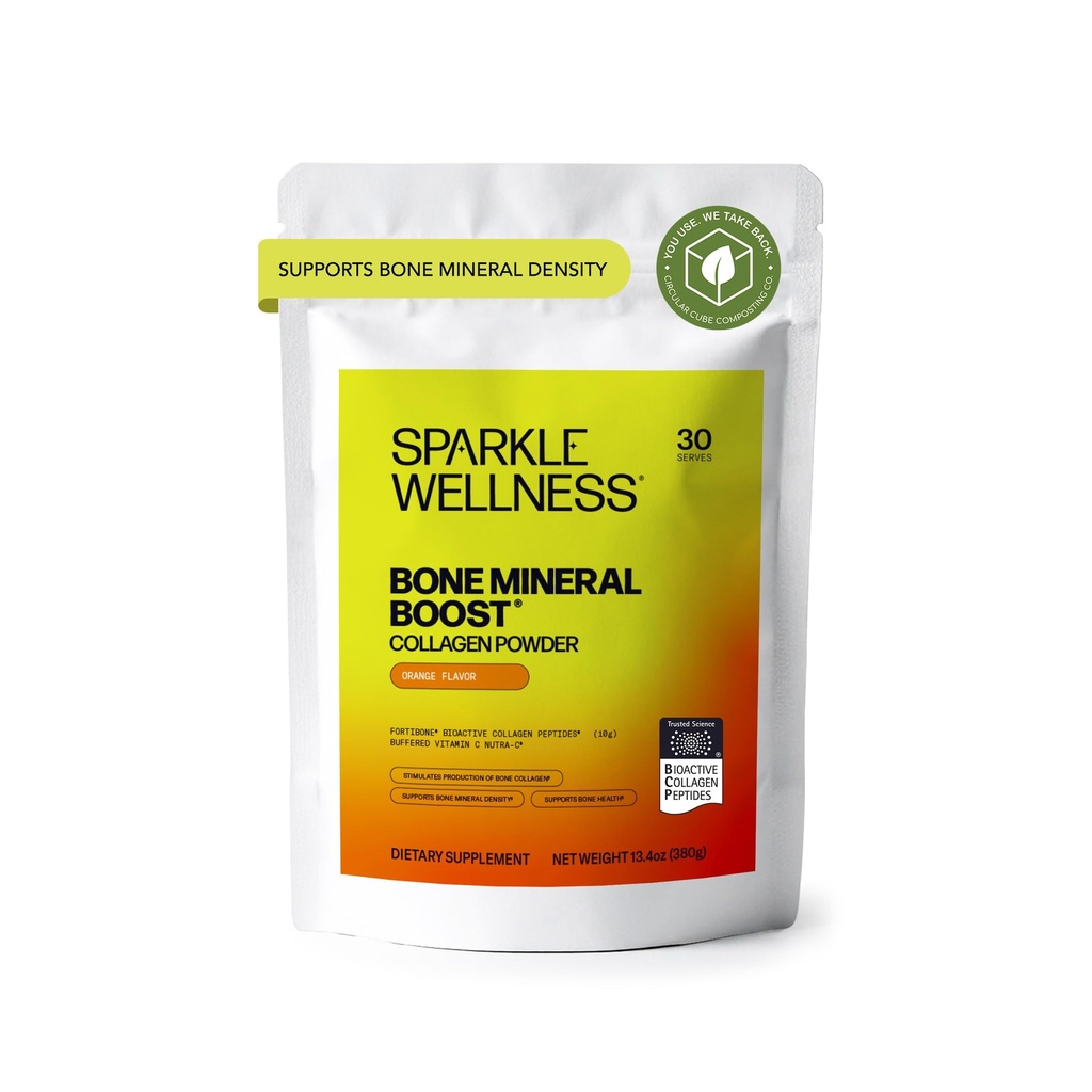 Sparkle Wellness Bone Mineral Boost (Orange) [30 Slouží] 124; Kolagen prášek dodatek 124; FORTIBONE bioaktivní kolagen Peptidy a Buffered Vitamin C Nutra C Supplementary