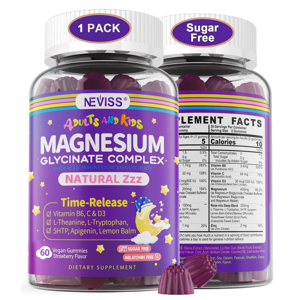 Glycinát hořečnatý Glycinát Gummie pro dospělé a děti 4 +, bez hořčíku Bisglycinát dodatek 400 / 200mg s B6D3, 5HTP, L-theanin pro spánek a relaxaci, mozek, svalovina, melatonin zdarma gumy, 1Pack
