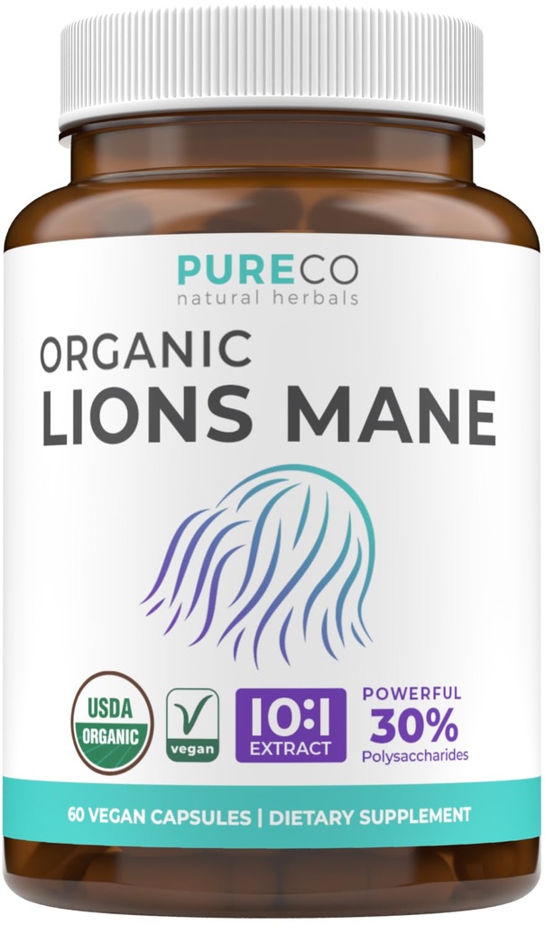 Doplněk k Organic Lions Mane Kapsle - USDA Organické Houbové kapsle s 1000mg Lion 's Mane 10: 1 Extract per Serving with 30% Polysaccharides - Vegan & Non- GMO (1 měsíc dodávky)
