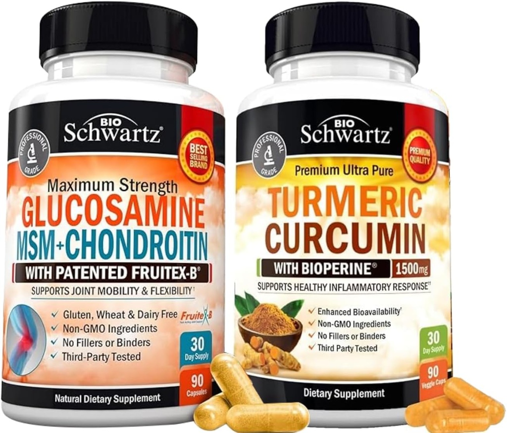BioSchwartz Kurkumin kurkumin s černým Pepper Extract 1500mg Komplex (1 měsíc dodávky) Plus Glucosamine Chondroitin MSM Triple Strength Joint Supplement (1 měsíc dodávky)
