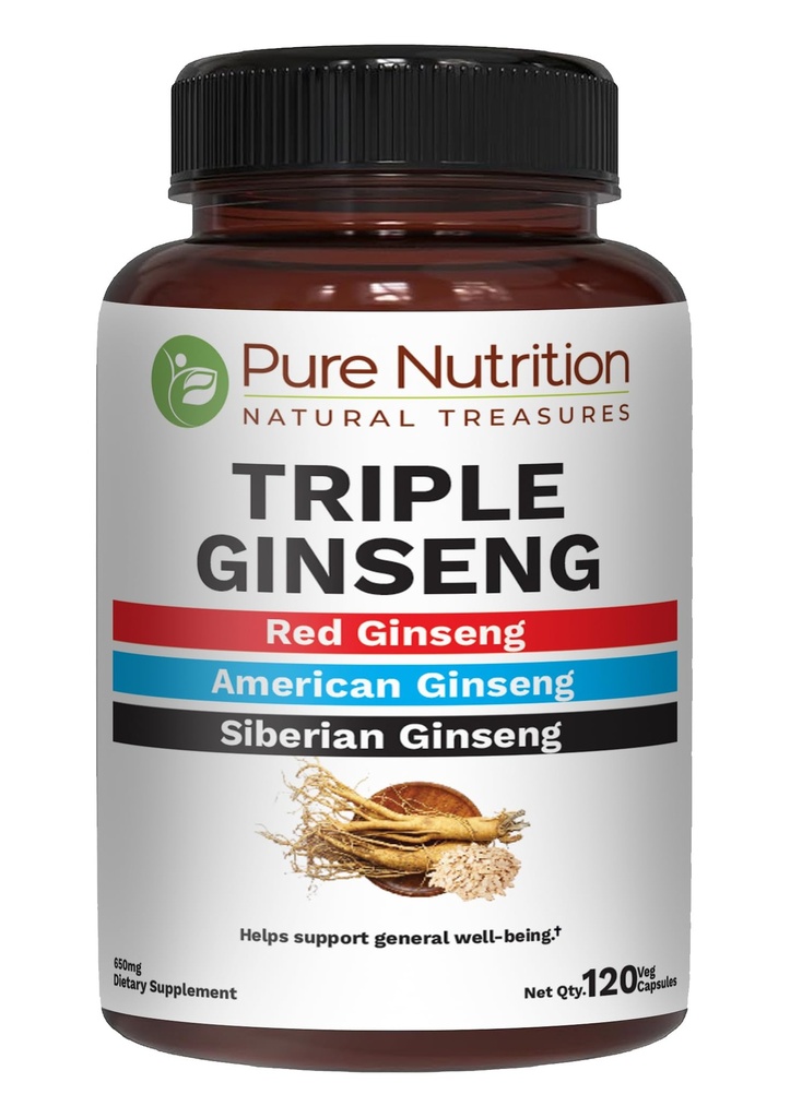 Čistá výživa Triple Ginseng 650mg 650mg French 124; 120 Caps French 124; Komplex pro muže a ženy 124; vysoce účinná kombinace červeného, amerického a sibiřského ženšenu. NeGMO