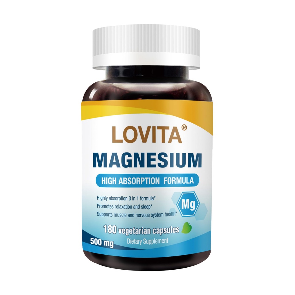 Lovita Triple Magnesium Complex 500mg, High Absorption and Potency Formule, Glycinát, Citrát & Oxide, Podpora spánku, Relaxace, Srdce, Nervy & Bone Health, 180 Vegan Kapsle