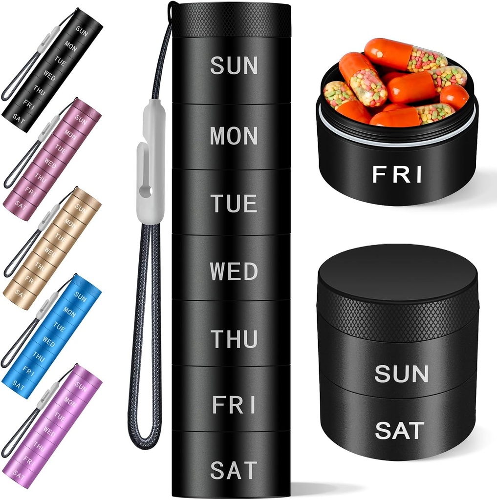 Hliníkový cestovní pilulka Organizátor, Týdenní Kovová pilulka Pouzdro, Držák pilulek, Moisture Proof Vodotěsné Denní Pill Box 7 Den, Velký Pill Kontejner na držení vitaminů, Léky, Doplňky, Černé