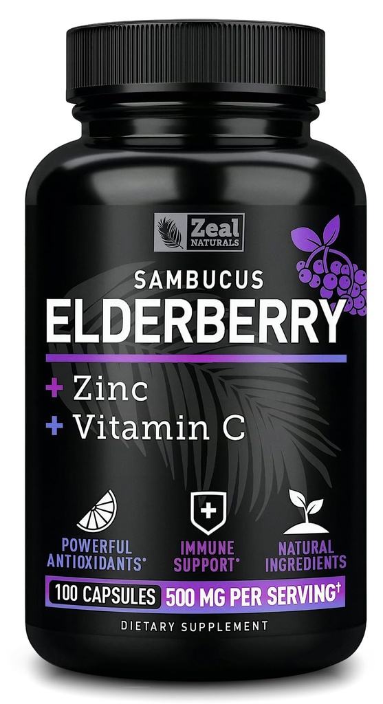 Zeal Naturals Max Síla Elderberry Kapsle + Zinek + Vitamin C 124; 500mg pro podporu imunitního systému s černým Sambucus Elderberry 124; 100 Počet 124; 3- in-1 Imunitní podpora pro dospělé