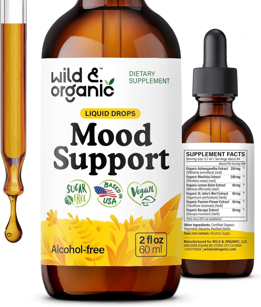 Wild & Organic Mood Support Drops - Dobré Mood doplňky w / Ashwagandha Root & Rhodiola Rosea - Přírodní kapalné kapky pro pozitivní energii - klid a odpočinek doplňky pro ženy a muže - 2 oz