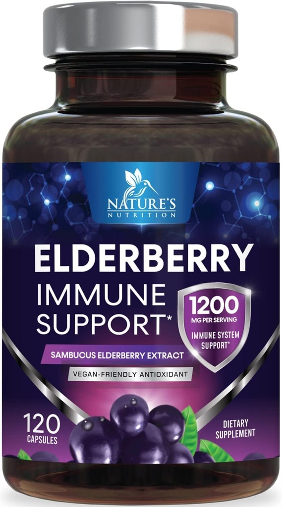 Elderberry Imunitation Support 1200mg - Denní imunitní podpora pro dospělé s koncentrovaným Sambucus Black Elderberry Extract - Antioxidační doplněk vitaminu, gluten zdarma, Lahvička v USA - 120 Kapsle