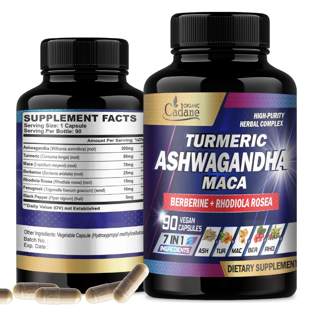 Organické Cadane Ashwagandha doplňky - Paměť, imunitní systém a podpora síly - 7in1 Koncentrované s kurkumou, Maca Root, Berberine & Více - 90 Veganské kapsle pro 3měsíční dodávky