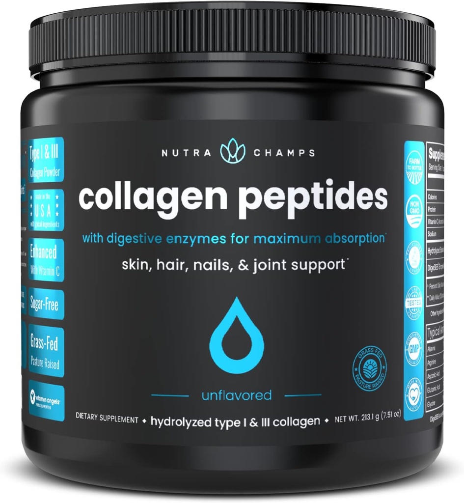 Kolagen Peptidy Prášek - Zvýšená absorpce, Dvojité hydrolyzované, Tráva Fed, Keto Protein prášek s vitamínem C - Premium doplněk pro růst vlasů, kůže, hřebíky, spojky & kosti, bez příchutí