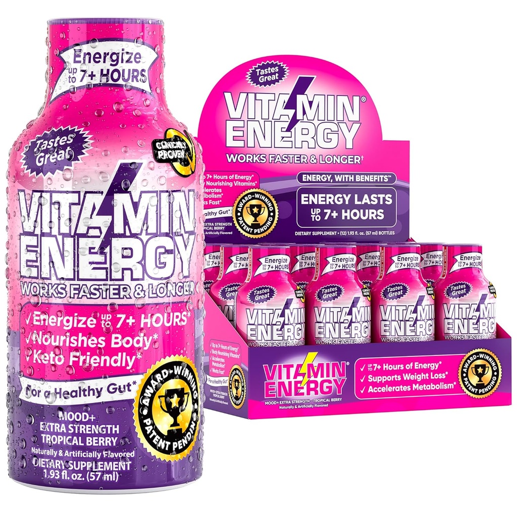 Vitamin Energy Mood + Energy Shot - Tropical Berry - 100% DV B-Vitamíny & 260mg Plant- Based Caffeine - Nulové kalorie, Sugar- Free, Vegan, Non- GMO - Mood & Energy Support - 1.93 fl oz, 12- Pack