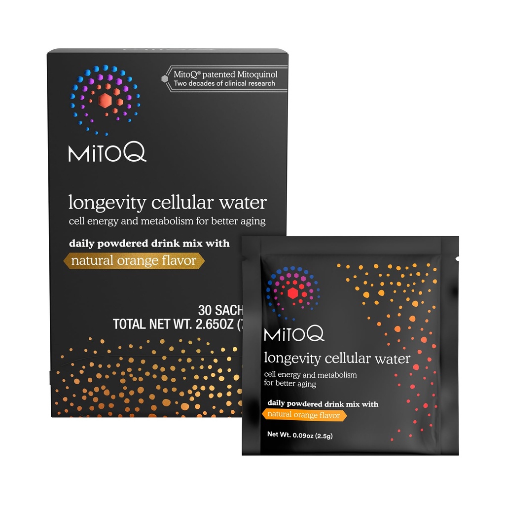 MitoQ Dlouhověkost Buněčná voda Denní práškový nápoj Mix Natural Orange Flavor - Mitochondria- cílené antioxidant - Buněčná energie a metabolismus pro lepší stárnutí (Orange, 30 Packets)