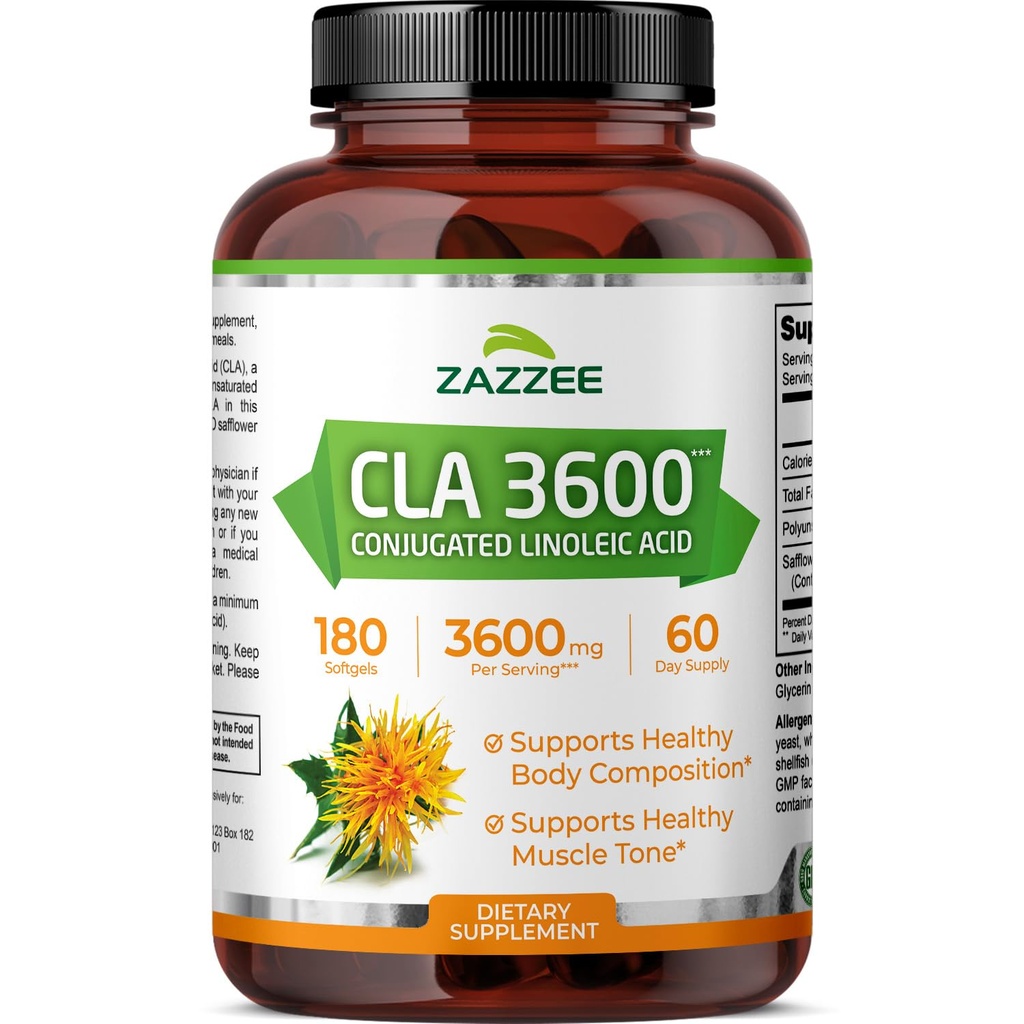Zazzee High Potency CLA 3600, 180 Softgels, 3600 mg na porci, konjugovaná kyselina linoleová z oleje ze saffleru, koncentrovaná a standardizovaná, 60 denní dodávka, Non- GMO a vyrobeno v USA