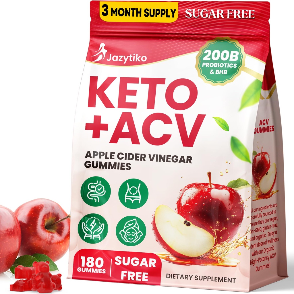 Jablečné octové žvýkačky, pokročilé ACV Gummy s probiotika, BHB, B12 a Keto Support - Keto Acv Gummies for Detox, Metabolismus, Digestion, Gut & Imunitary Health - Sugar Free, Vegan, 180 Počítá se