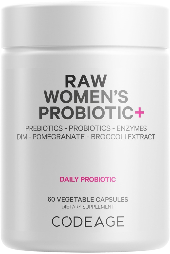 Codeage Raw Women 's Probiotic + Supplement - 34 Probiotických proužků, 100 miliard CFU, trávicí enzymy, Prebiotic Blend, DIM, Bylinné Extrakty, Phytonutrients - Non- GMO - 30 Kapsle