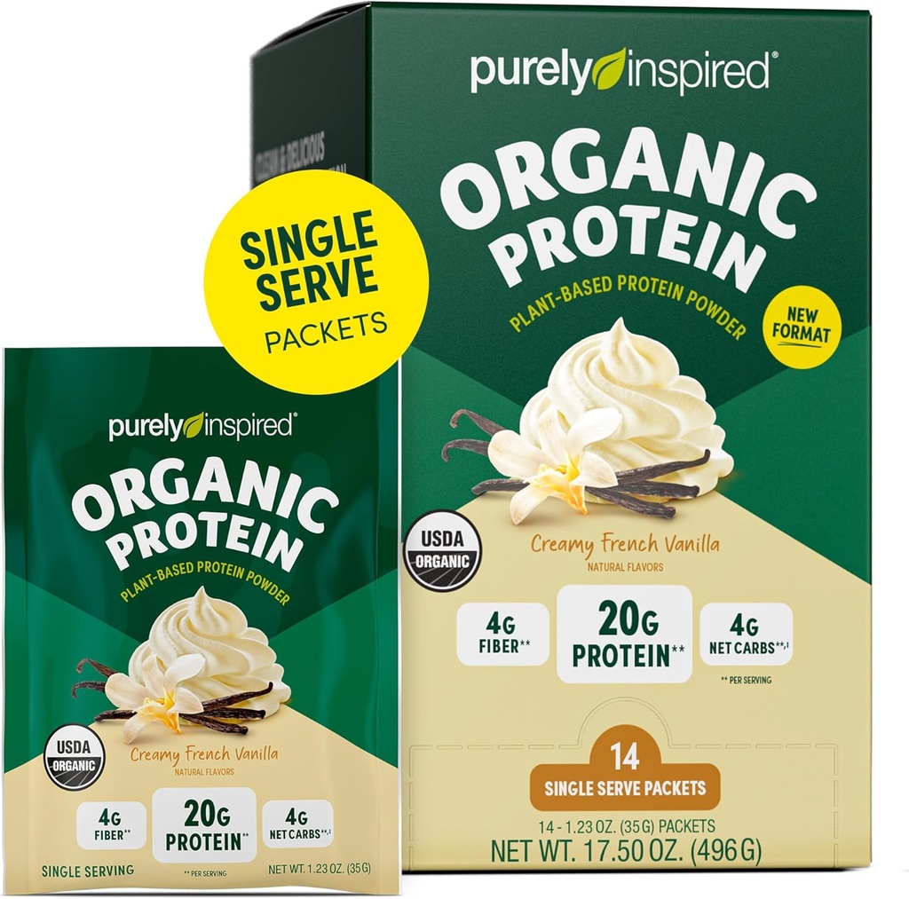 Čistě inspirovaný organický proteinový prášek, 14 jednoservírových paketů, krémová vanilka - 20g proteinového prášku na bázi plantantu pro smoothie & shakes - Dairy- Free, Non- GMO - pro muže a ženy