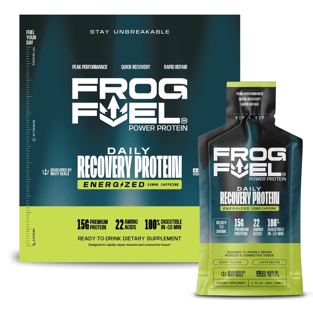 Frog Fuel Power Energized Protein Shot, 15g Protein Nano- Hydrolyzované trávy Fed kolagen, 120mg kofein, tuk & cukr zdarma, 22 Amino kyseliny, 0 sacharidů, Berry, 1 oz Packets, 24 Pack