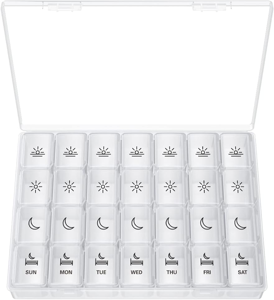 XL Pill Organizátor 4 krát denně, BUG HULL Extra velké týdenní Pill box pouzdro, 7 den Vitamin Kontejner Denní Pill držák na Cod- Jaterní olej, Vitamíny, doplňky (bílé)