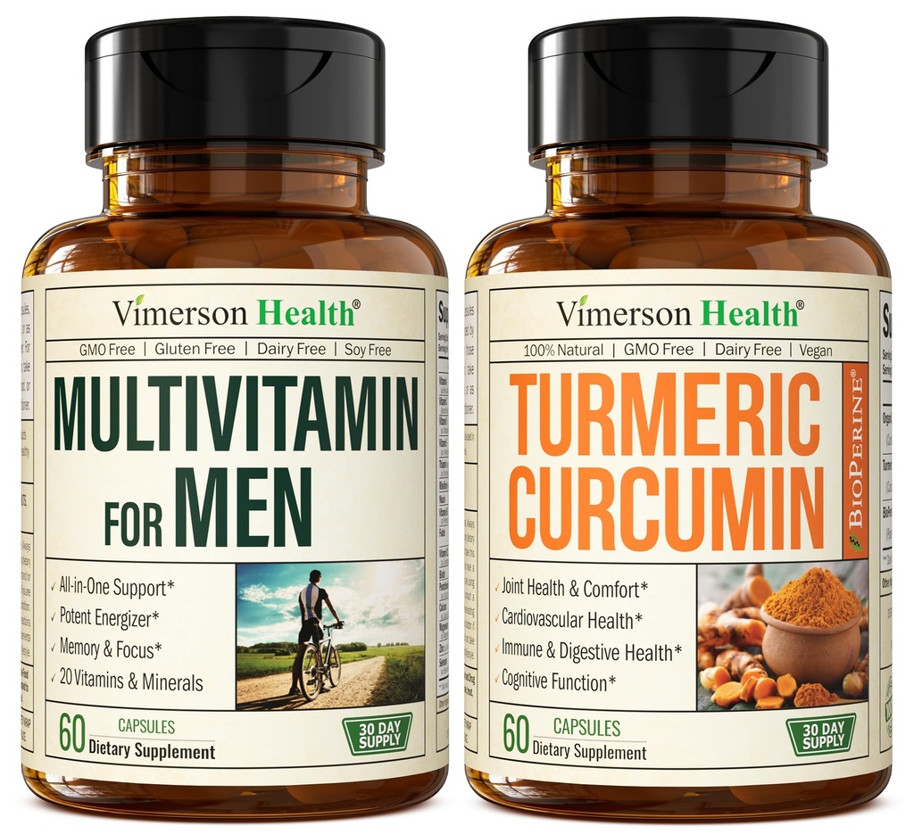 Vimerson Health Men 's Multivitamin + Turmeric Curcumin s Black Pepper Extract Bundle. Společná a imunitní podpora, Relief nepohodlí, Antioxidační vlastnosti pro něj