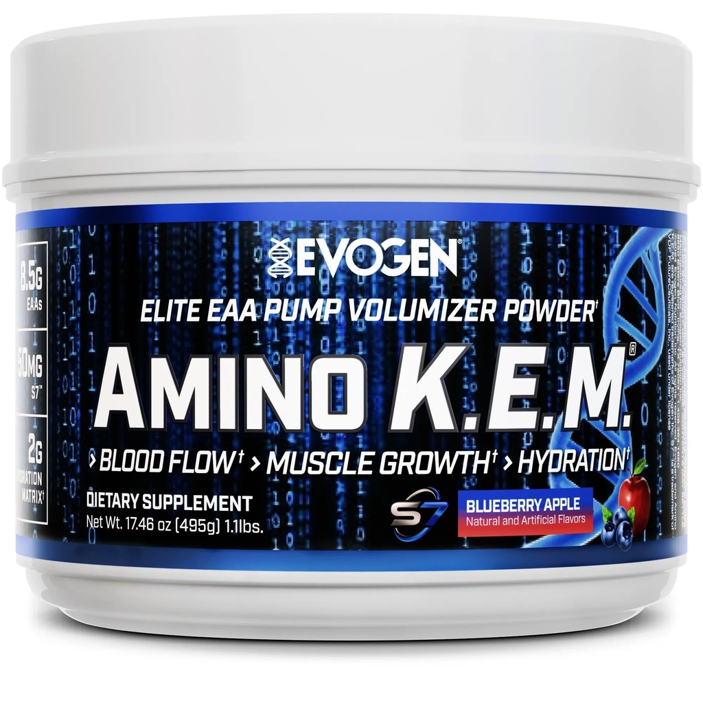 Evogen Amino K.E.M. - EAA & BCAA Powder Pump Volumizer CU124; BCAA Amino Acids Supplemente for Blood Flow, Muscle Growth, & Hydration CU124; Blueberry Apple CU124; 30 Servings