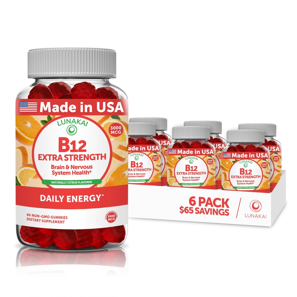 Vitamin B12 Gummies pro dospělé - nejkyselejší Proprietární vzorec - 3000mcg Methyl B-12 High Absorption Energy Gummies - Non- GMO Vegan Vit B12 - Žvýkací B 12 pro energetickou podporu a zdraví kostí - 6 Pack
