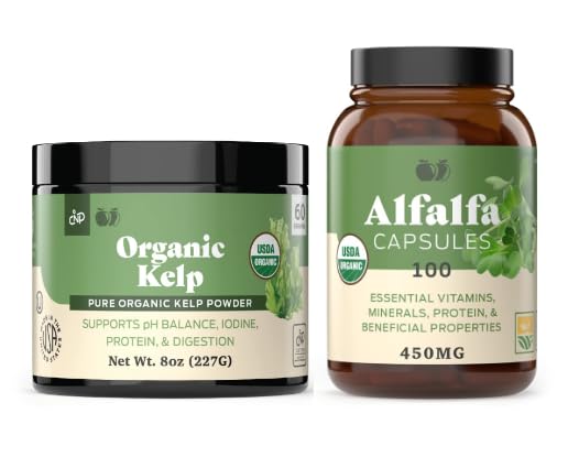 Organic Kelp Powder 8oz & Pure Alfalfa Leaf 100 Kapsle Bundle